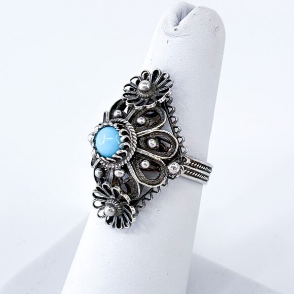Vintage Sterling Silver 925 Filigree Persian Turquoise Ring Size 6 - Picture 3 of 8